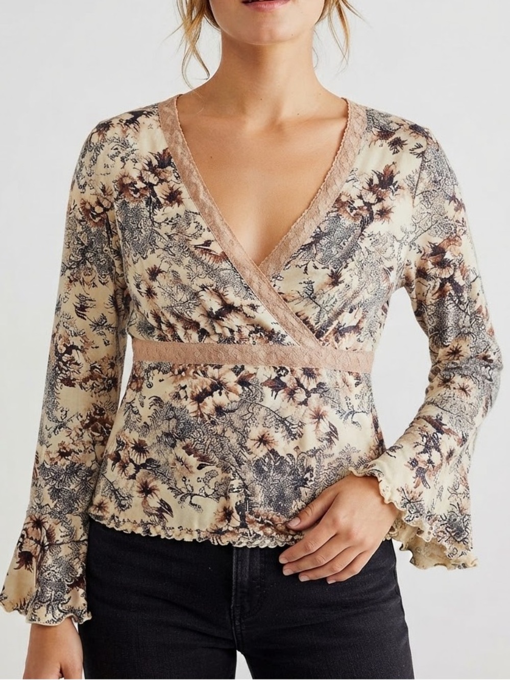 Vintage Apostrophe Floral Mesh Wrap Top XL Y2K Fairy Grunge Lettuce Trim Boho